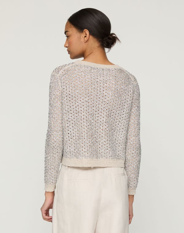Lafayette148 Metallic Linen-Silk Pointelle Cardigan