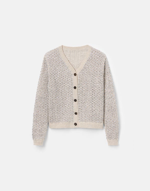 lafayette148 Metallic Linen-Silk Pointelle Cardigan