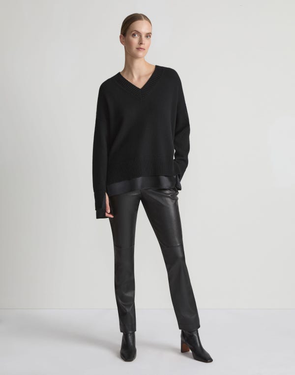 Lafayette148 Nappa Lambskin Leather & Acclaimed Stretch Manhattan Cigarette Pant