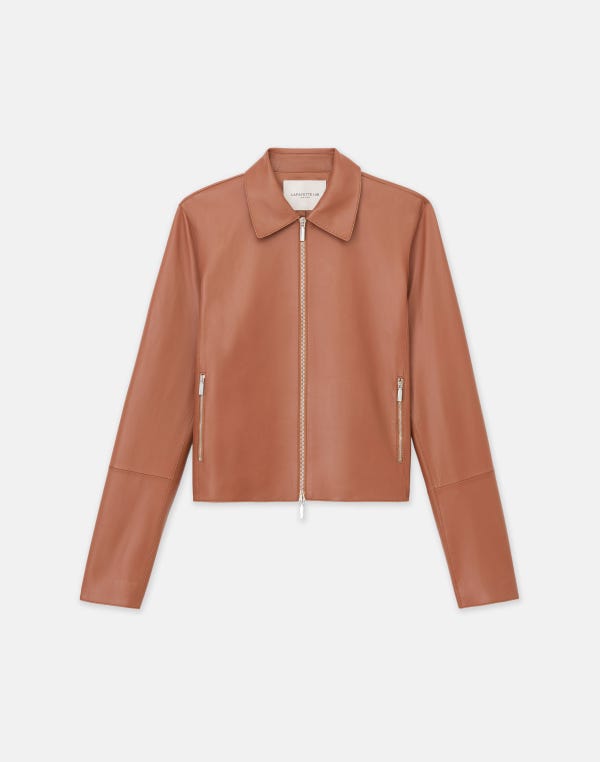 Lafayette148 Nappa Lambskin Leather Zip Cropped Jacket