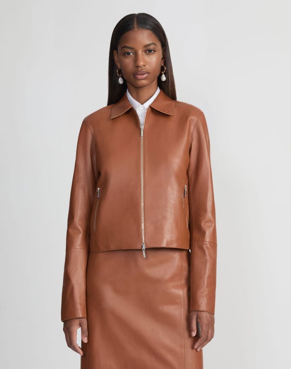 Lafayette148 Nappa Lambskin Leather Zip Cropped Jacket