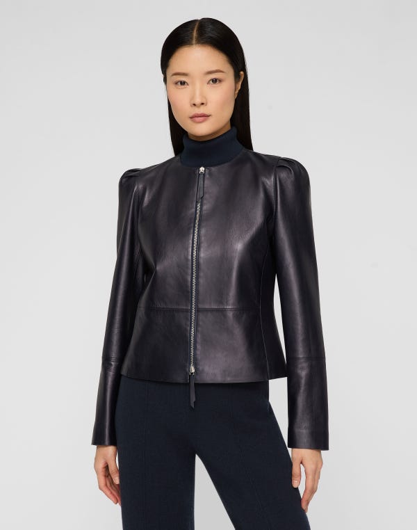 Lafayette148 Nappa Leather Collarless Fitted Jacket