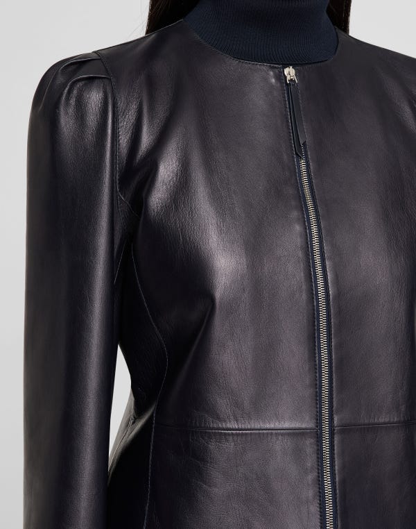 Lafayette148 Nappa Leather Collarless Fitted Jacket