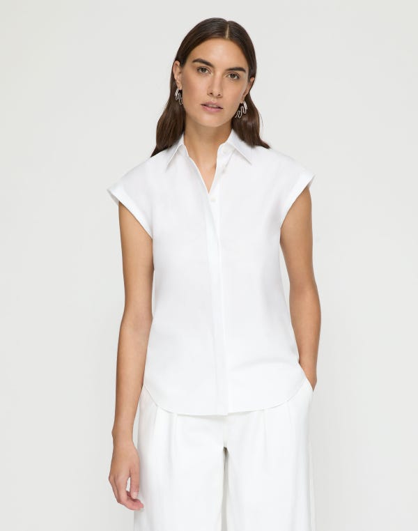 Lafayette148 Organic Cotton Poplin Cap Sleeve Fitted Shirt