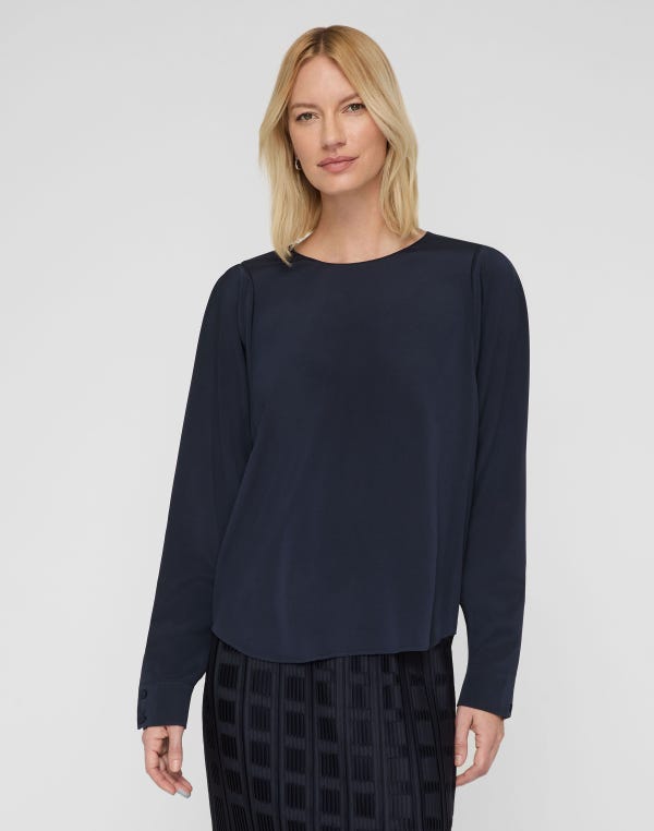 Lafayette148 Organic Silk Stretch Georgette Pleated Shoulder Blouse