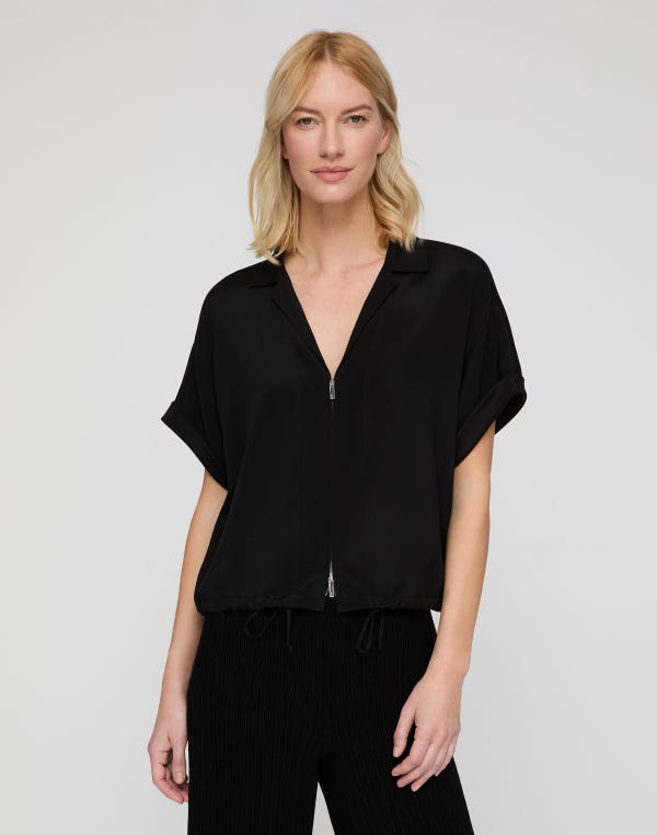 Lafayette148 Organic Silk Stretch Georgette Zip Front Blouse