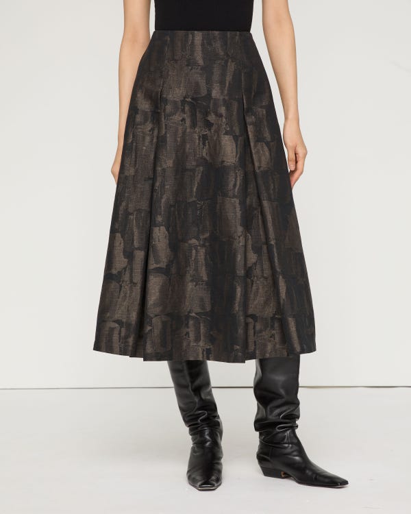 Lafayette148 Paintstroke Jacquard Linen-Cotton Pleated Skirt