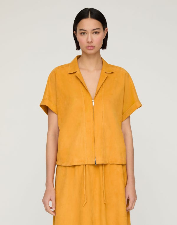 Lafayette148 Paperfine Suede Short Sleeve Zip Front Blouse