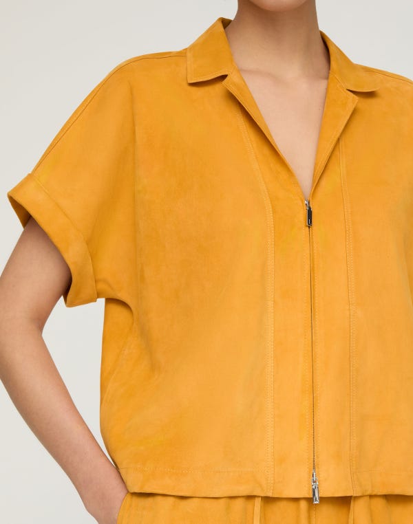 Lafayette148 Paperfine Suede Short Sleeve Zip Front Blouse