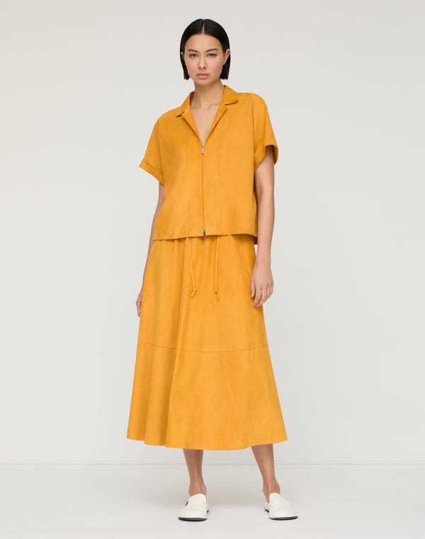 Lafayette148 Paperfine Suede Short Sleeve Zip Front Blouse