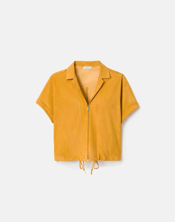 lafayette148 Paperfine Suede Short Sleeve Zip Front Blouse