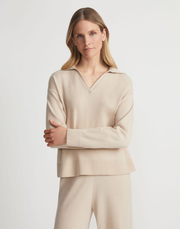 Lafayette148 Responsible Wool-Cashmere Split Collar Sweater