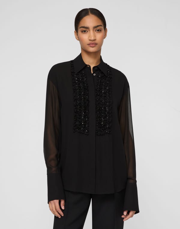 Lafayette148 Silk Georgette Hand Beaded Ruffle Tuxedo Blouse