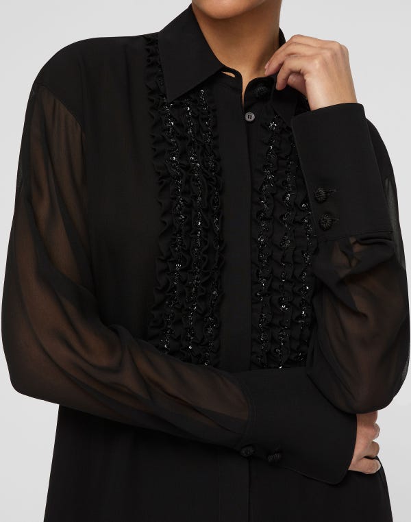Lafayette148 Silk Georgette Hand Beaded Ruffle Tuxedo Blouse