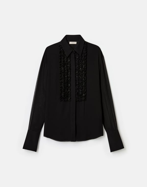 lafayette148 Silk Georgette Hand Beaded Ruffle Tuxedo Blouse