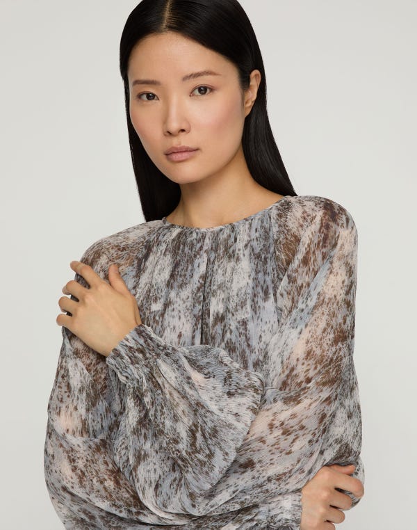 Lafayette148 Speckled Glaze Print Georgette Gathered Blouse