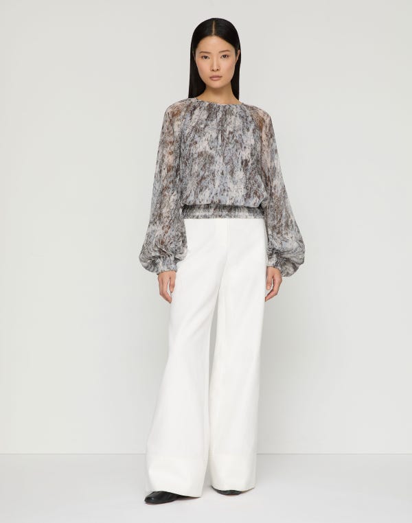Lafayette148 Speckled Glaze Print Georgette Gathered Blouse