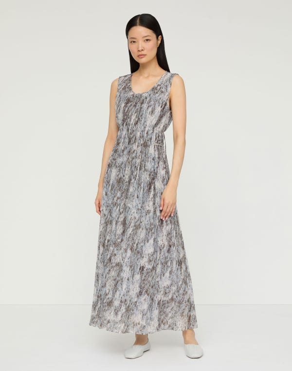 Lafayette148 Speckled Glaze Print Georgette Sleeveless Gathered Waist Dress