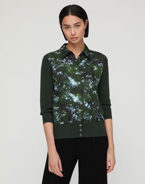 Lafayette148 Splattered Glaze Print Silk & Finespun Voile Cardigan