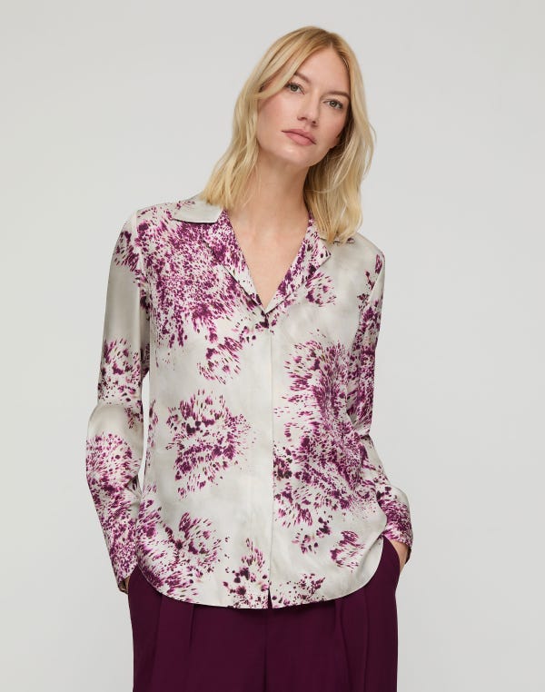 Lafayette148 Spotted Glaze Print Silk Twill Collared Blouse