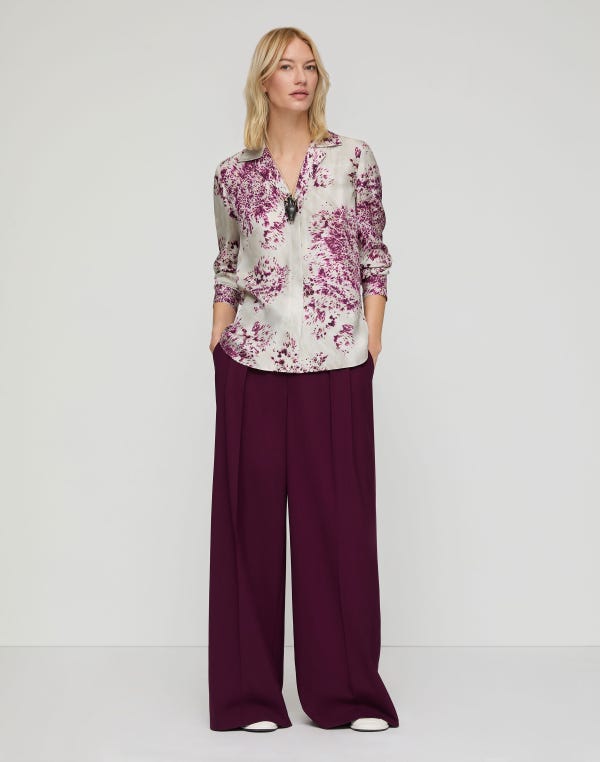 Lafayette148 Spotted Glaze Print Silk Twill Collared Blouse