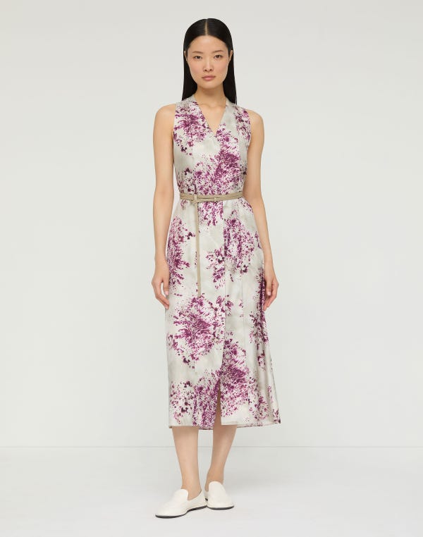 Lafayette148 Spotted Glaze Print Silk Twill Sleeveless Belted Dress