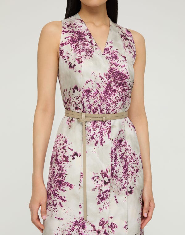 Lafayette148 Spotted Glaze Print Silk Twill Sleeveless Belted Dress