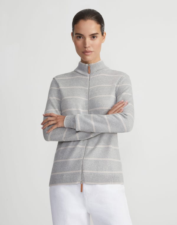Lafayette148 Stripe Cotton-Silk Stand Collar Cardigan