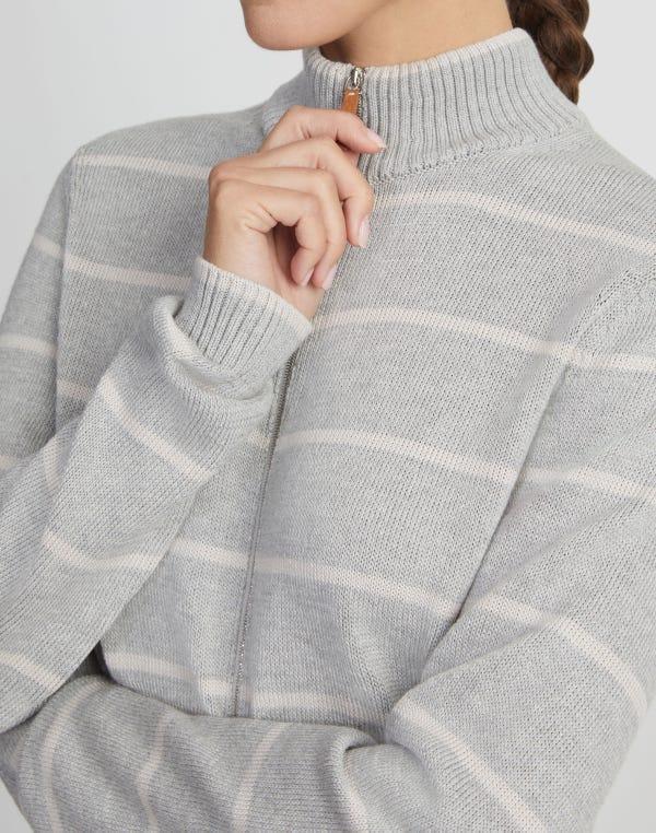 Lafayette148 Stripe Cotton-Silk Stand Collar Cardigan