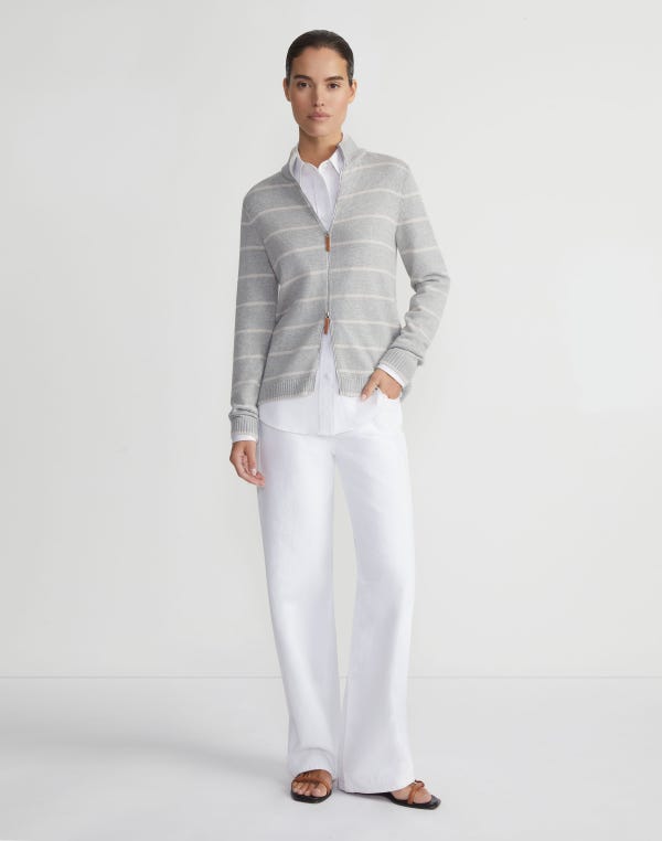 Lafayette148 Stripe Cotton-Silk Stand Collar Cardigan