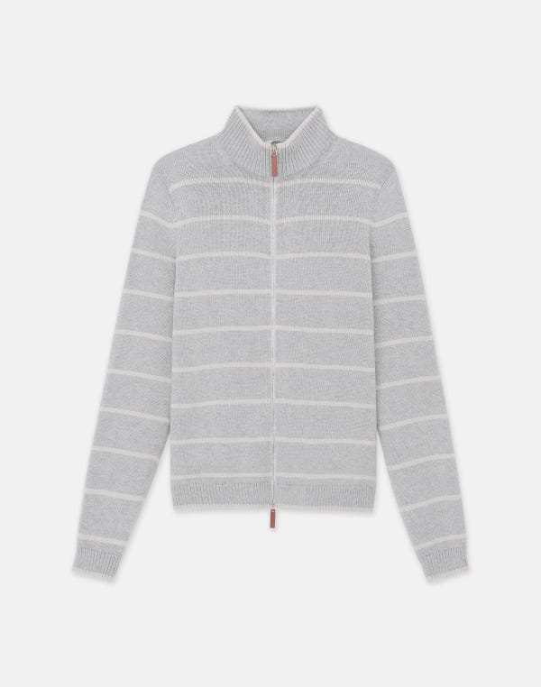 lafayette148 Stripe Cotton-Silk Stand Collar Cardigan