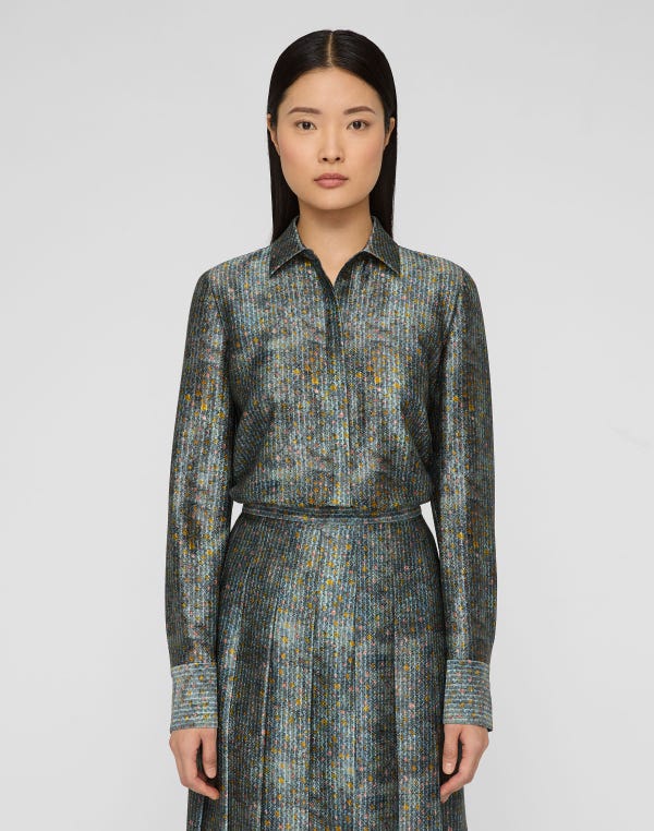 Lafayette148 Textile Print Textured Silk Button Blouse