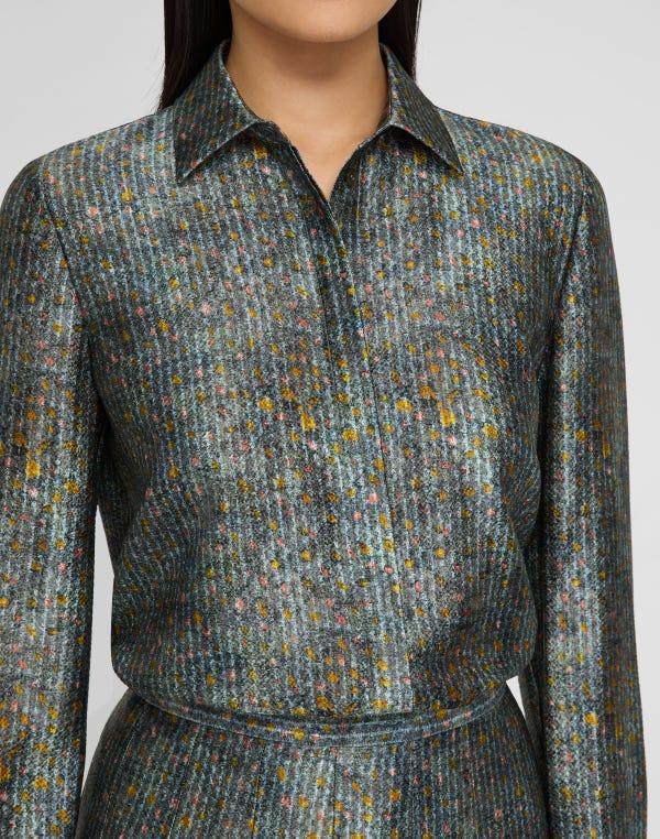 Lafayette148 Textile Print Textured Silk Button Blouse