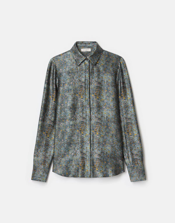 lafayette148 Textile Print Textured Silk Button Blouse