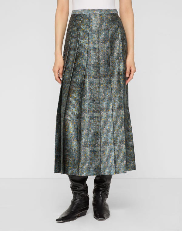 Lafayette148 Textile Print Textured Silk Pleated Midi Skirt