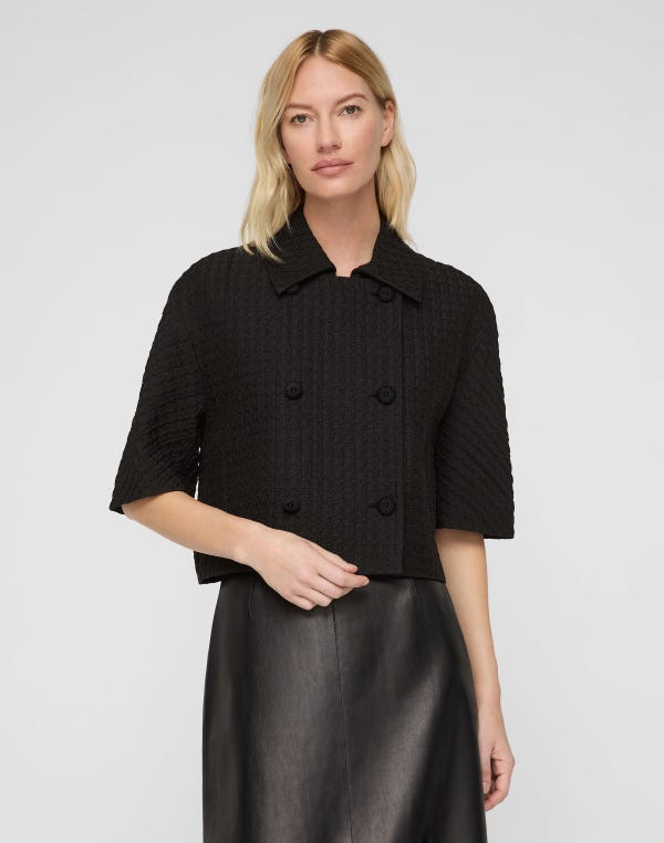 Lafayette148 Textured Houndstooth Jacquard Double Breasted Short Sleeve Jacket