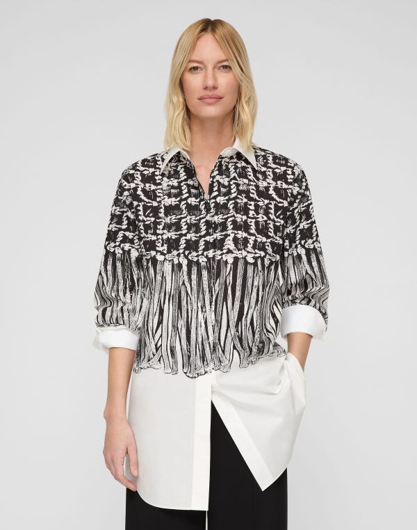 Lafayette148 Trompe L'Oeil Print Cotton Oversized Shirt