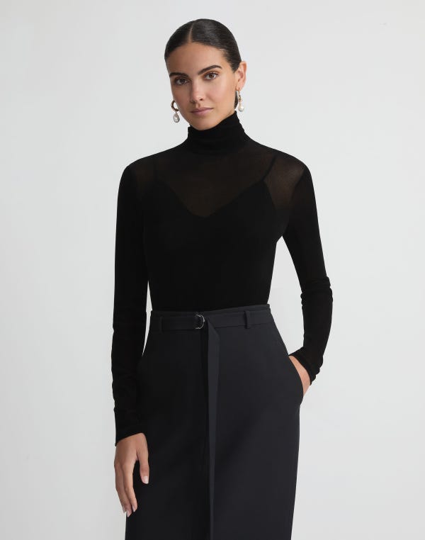 Lafayette148 Velvet Mesh Jersey Sheer Turtleneck Top