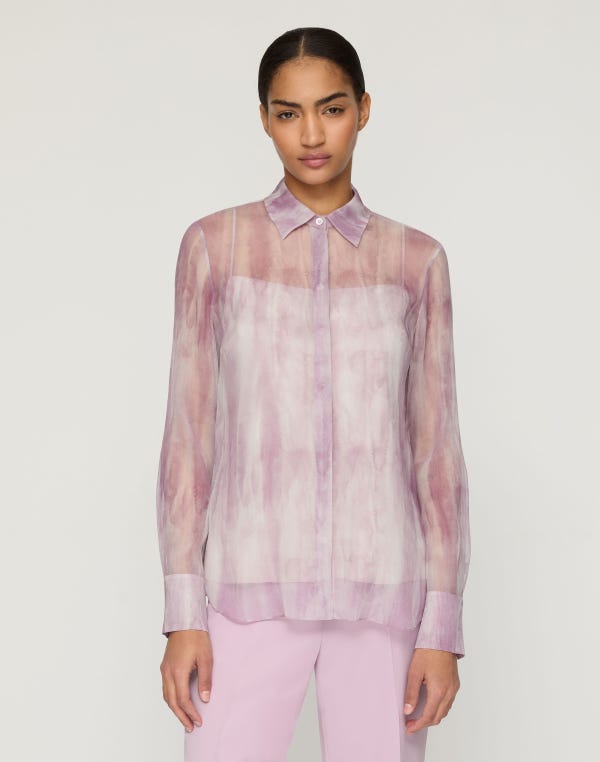 Lafayette148 Washed Glaze Print Silk Crépon Button Blouse