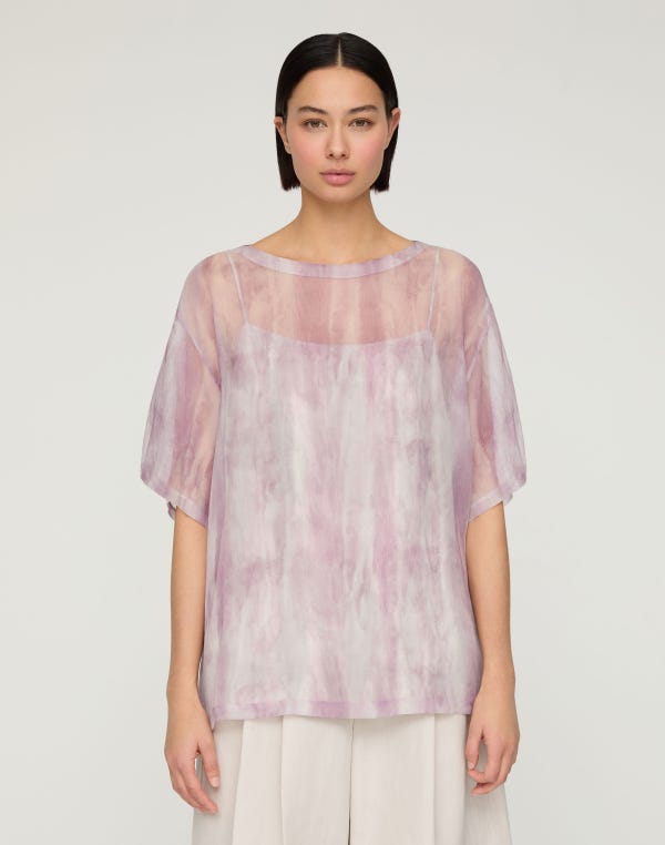 Lafayette148 Washed Glaze Print Silk Crépon Short Sleeve Blouse