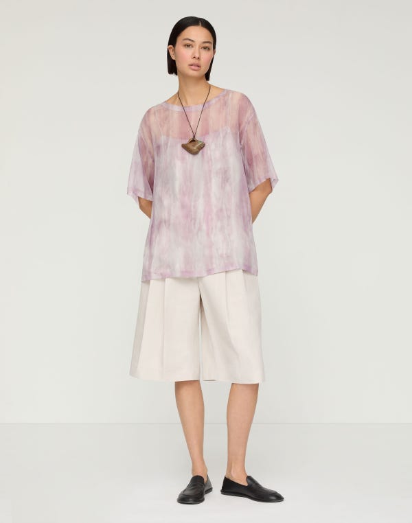 Lafayette148 Washed Glaze Print Silk Crépon Short Sleeve Blouse