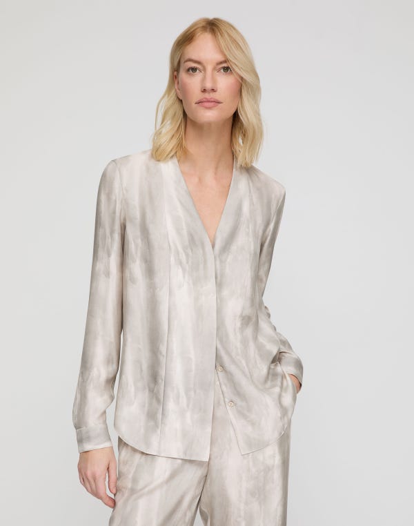 Lafayette148 Washed Glaze Print Silk Twill V-Neck Blouse