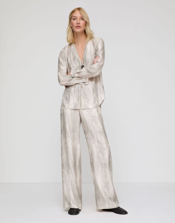 Lafayette148 Washed Glaze Print Silk Twill V-Neck Blouse