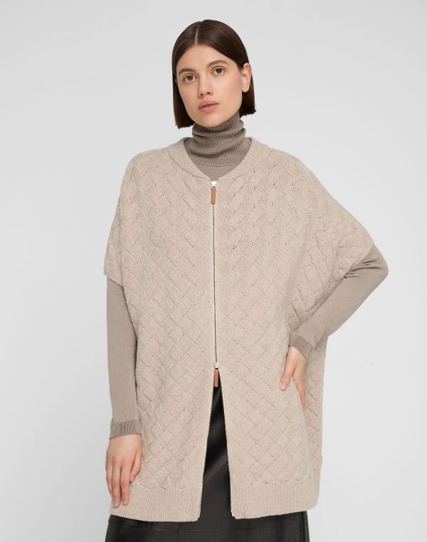 Lafayette148 Wool-Cashmere Basket Stitch Zip Front Poncho