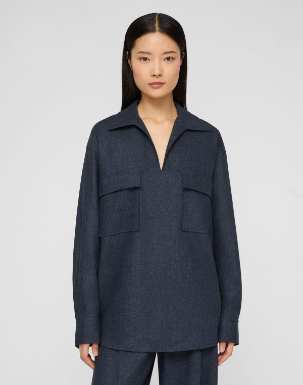 Lafayette148 Wool-Cashmere Flannel Pocket Popover Shirt