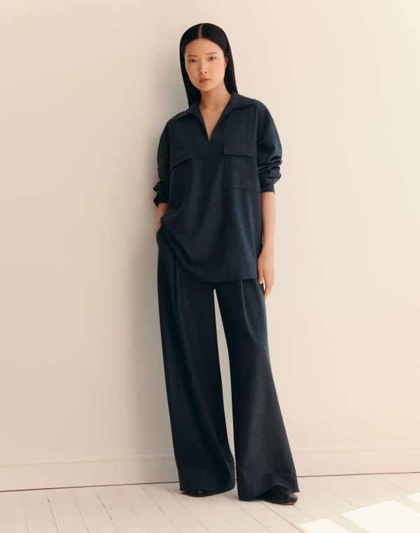 Lafayette148 Wool-Cashmere Flannel Pocket Popover Shirt