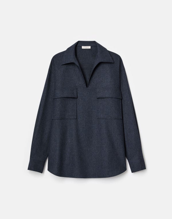 lafayette148 Wool-Cashmere Flannel Pocket Popover Shirt
