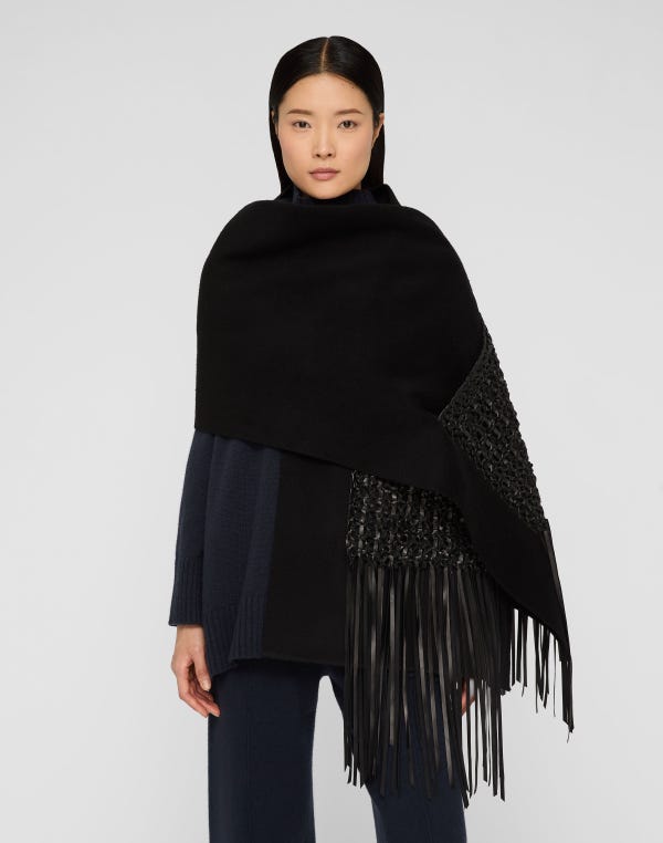 Lafayette148 Wool-Cashmere & Macramé Leather Pocket Shawl