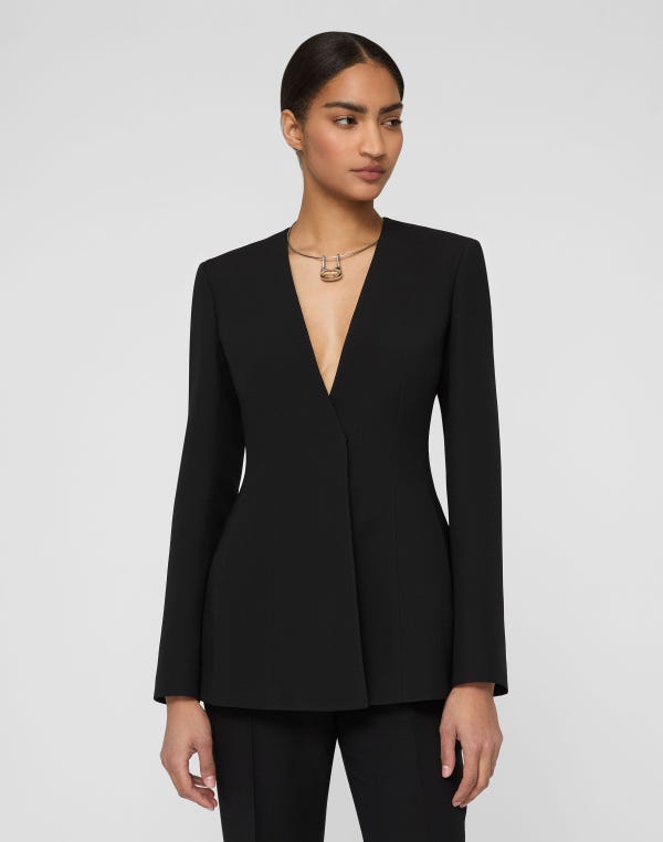 Lafayette148 Wool-Silk Crepe Collarless Fitted Blazer