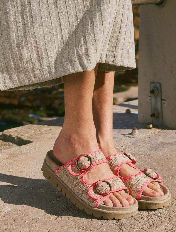 Laidbacklondon Clay Handwoven Crochet Double-Buckle Sandals Neon Pink